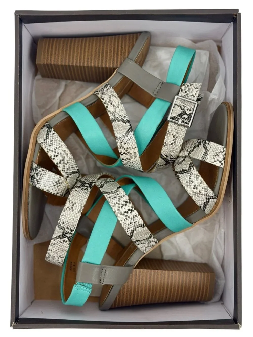 Leila Stone Seafoam Green Snake Print Strappy Heeled Sandals 9.5 | Indie Sleaze - Picture 15 of 16